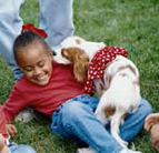 Girl plays with dog