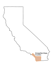 Map of California with Orange and San Diego Counties colored orange