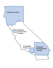 Map of California with four geographic regions shaded blue: Alameda/Contra Costa Counties, Los Angeles County, Northern Counties, and Riverside/San Bernardino Counties