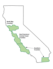 Map of California with North Bay, San Francisco/Central Coast, and Southern Counties highlighted in green