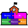 A jigsaw puzzle of a school with the words Stockton Air Pollution Exposure Project