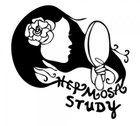 A sillouette drawing of a young woman with dark hair looking at herself in a hand-held mirro